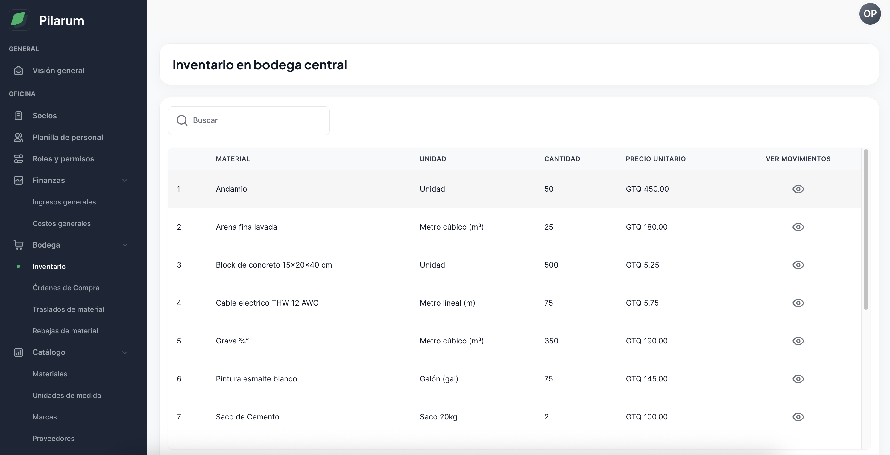 Inventario central actualizado